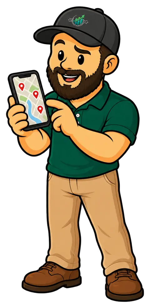 Digi Dude pointing at a map on his phone