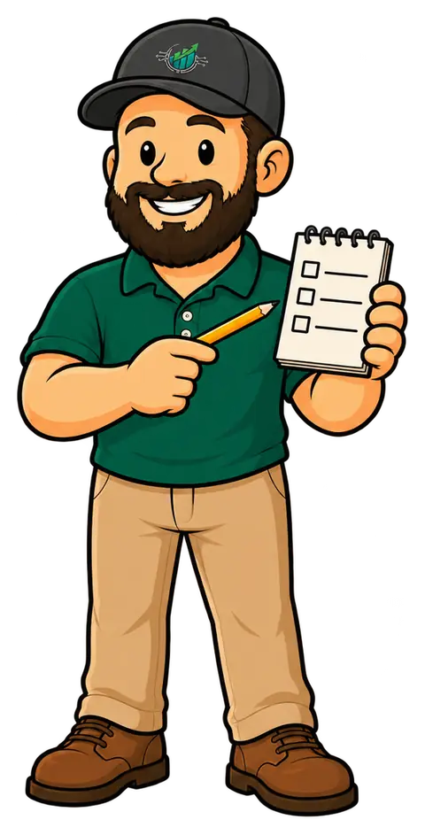 Digi Dude holding up a notepad and a pencil