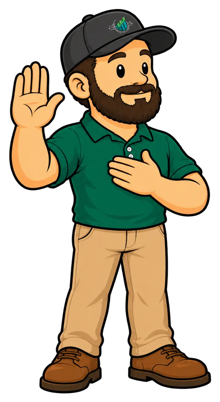 Digi Dude with one hand raised and the other on his heart