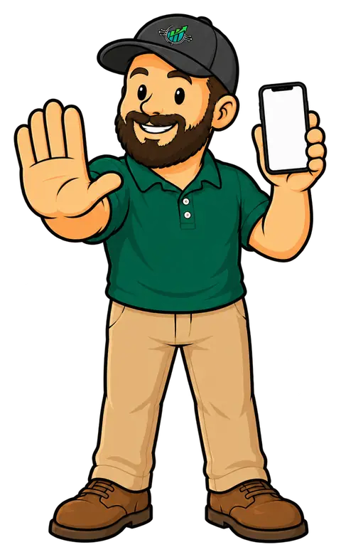 Digi Dude holding up a hand to stop you, a phone in his other hand