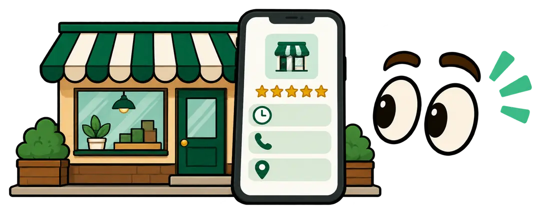 A shop front beside a phone showing its business profile, a pair of eyes looking on