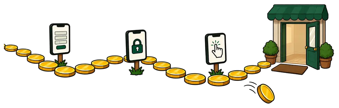 A trail of coins past three phone screens to an open shop door, one coin rolling away