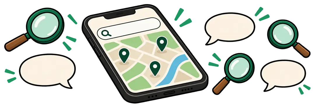 A phone showing a search bar and a map with three pins, magnifying glasses around it