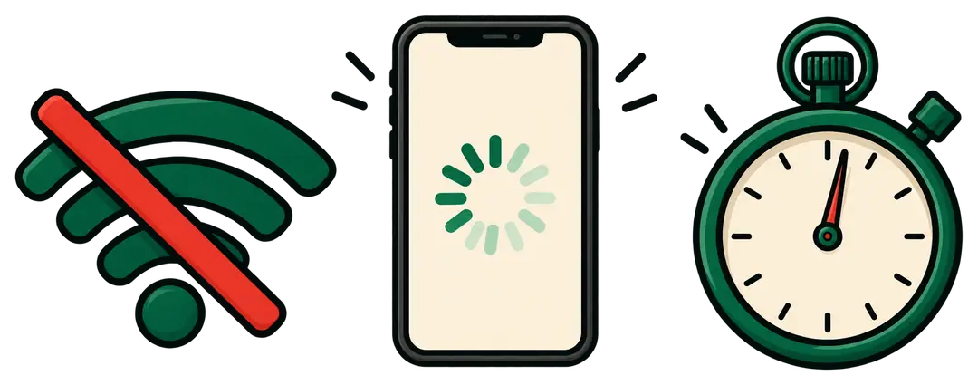 Wi-Fi crossed out, a phone still loading, and a stopwatch