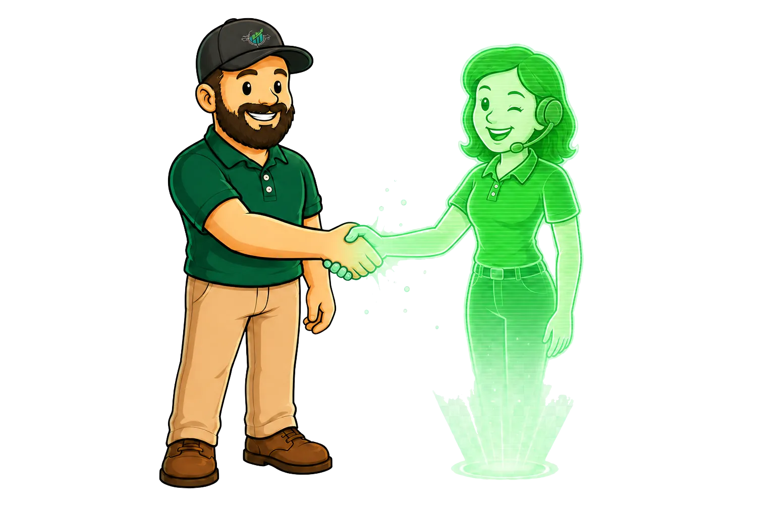 Digi Dude shaking hands with the holographic AI assistant