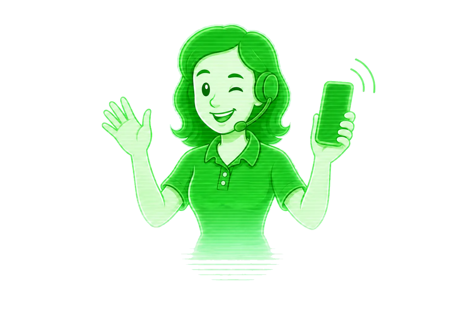 The AI receptionist waving, holding a phone